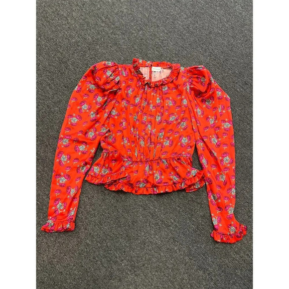 $1160 Magda Butrym Normandy Orange Silk Floral Peplum Mock Neck Trimmed Blouse 6 - Picture 8 of 13